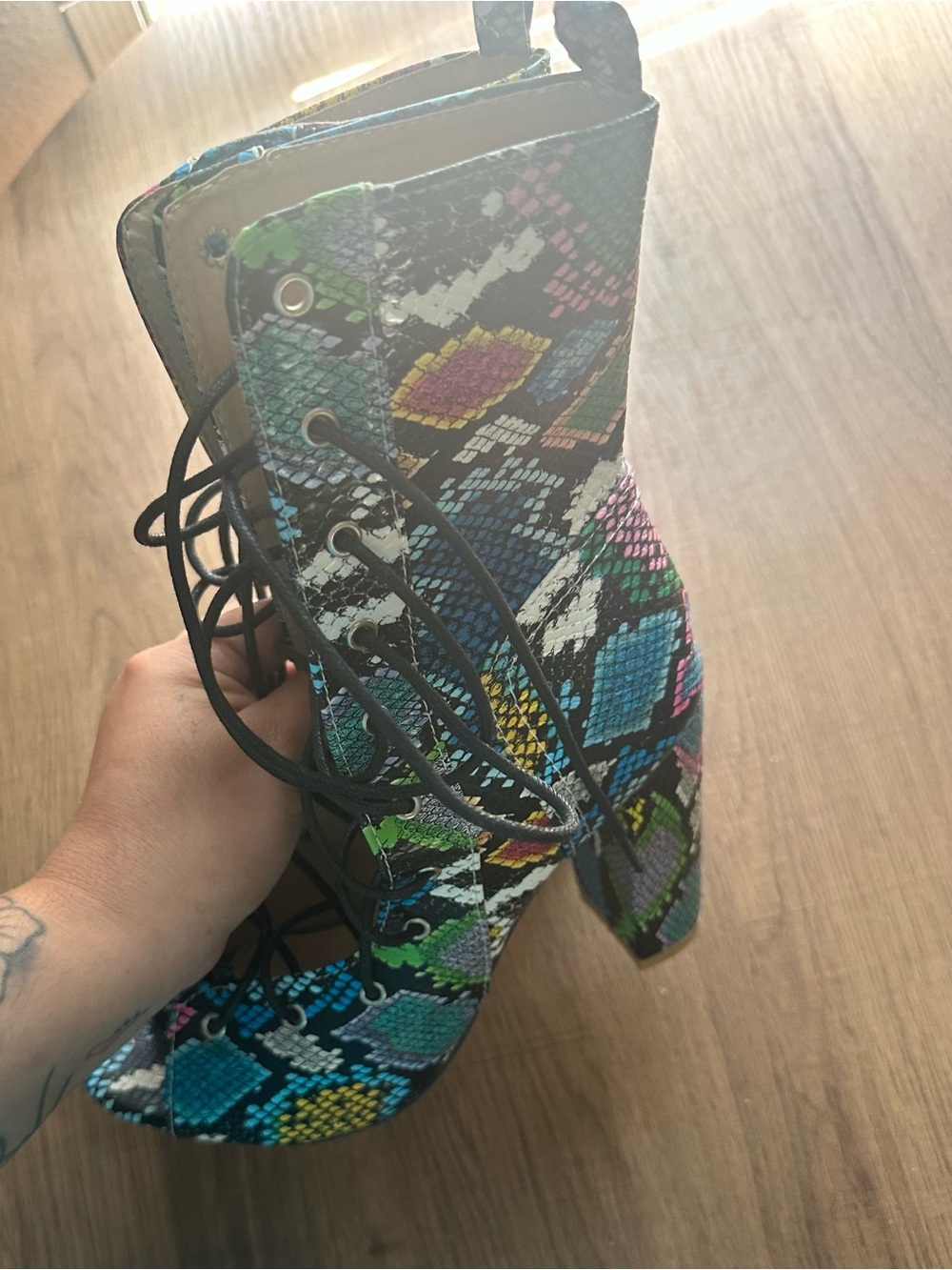 Multicolor Snake-Print Lace-Up High Heel Booties